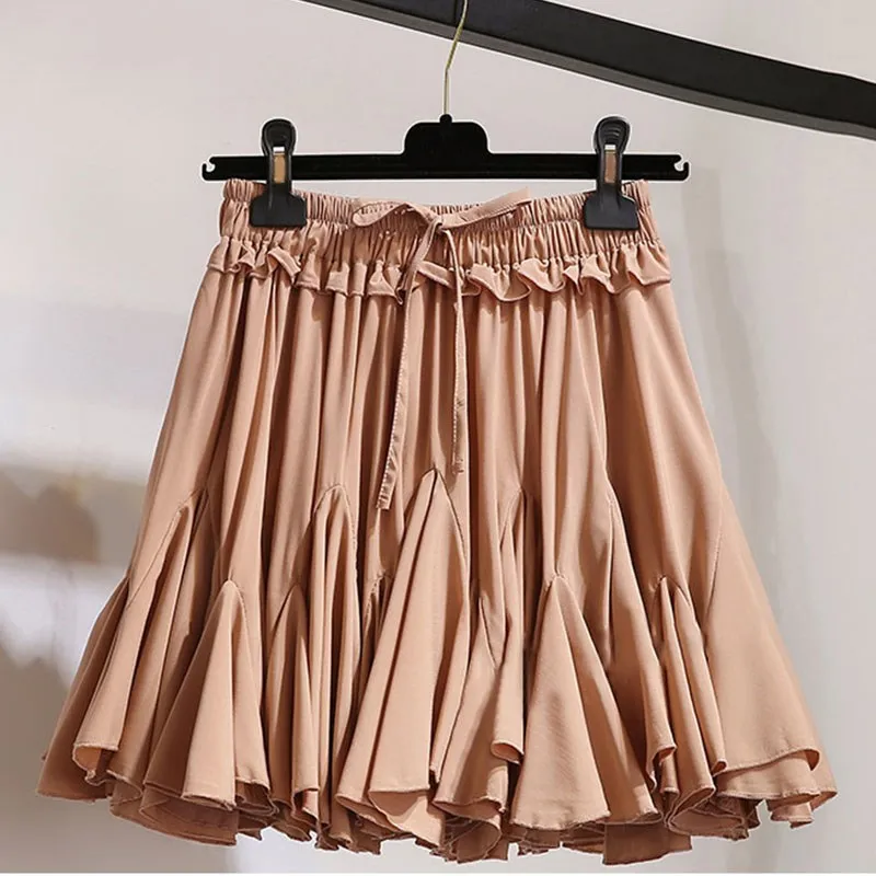 

2019 Women Summer High Waist A Line Mini Skirt Sexy Ruffle Hem Beach Pleated Skirt Korean Solid Chiffon Tutu Short Skirt