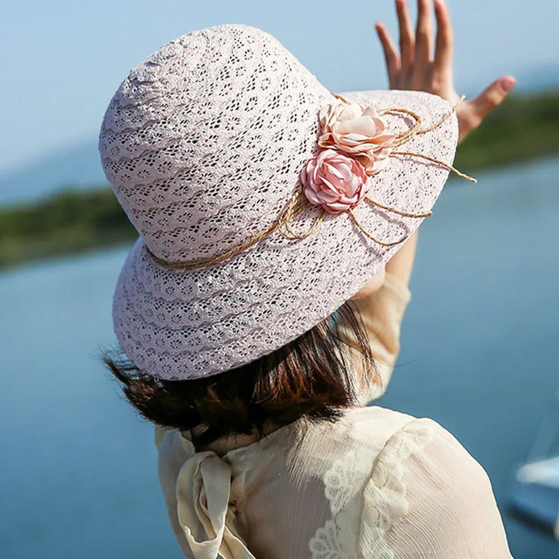 النساء الكبار الأطفال الصيف الغربية القش قبعة طوي الشمس قناع شاطئ كاب الاطفال فتاة الدانتيل قبعات مرنة كبيرة خمر غطاء القش