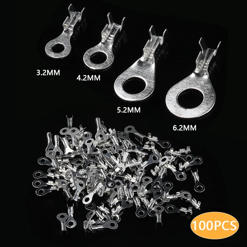

100Pcs Wire Crimp Terminal Fork Terminal Lug Ring Cable Lugs Terminals Assorted 3.2mm 4.2mm 5.2mm 6.2mm