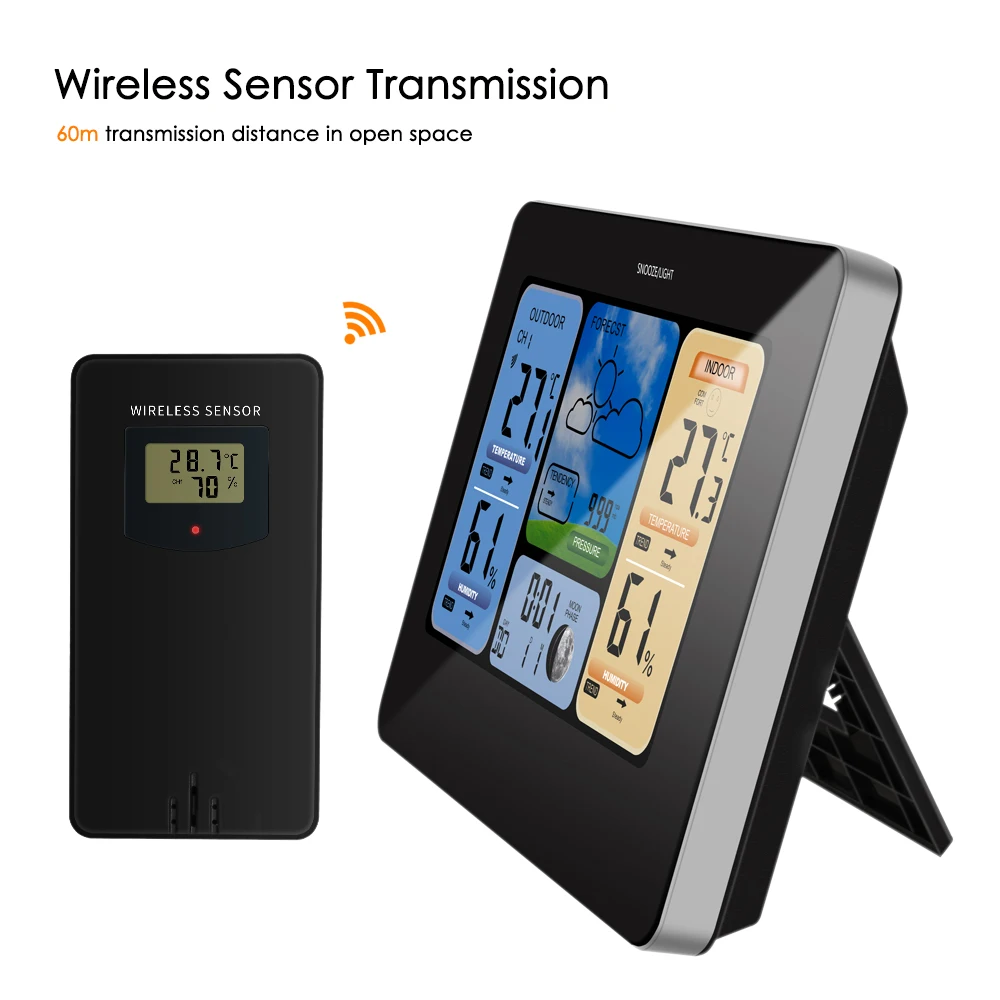 

TS-E04 Wireless Digital Weather Station Indoor Outdoor Color LCD Thermometer Hygrometer Alarm Clock Snooze Function AC230 ~240 V