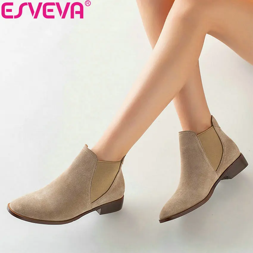 

ESVEVA 2019 Women Shoes Elastic Band Round Toe Square Heels Ankle Boots Winter Boots for Women Sewing All Match Low Heels 34-39