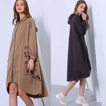 

Fashion cotton irregular trench coat female spring letter print hooded windbreaker tassel outwear plus size Abrigos Mujer outfit