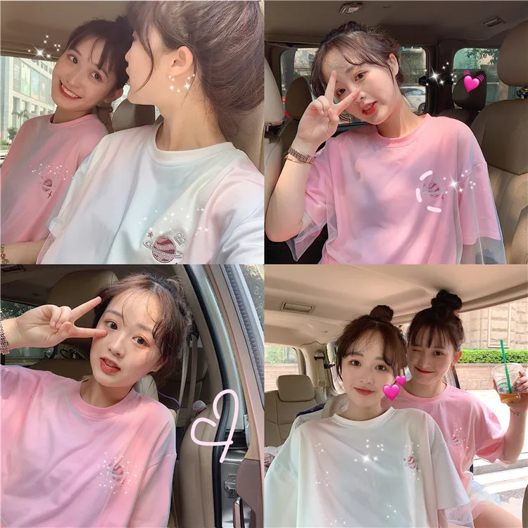 Women Embroidery Harajuku T shirt Casual Gauze Mesh Korean Clothes Sweet Gradient Color Tee Shirt Femme Fashion Vintage Top