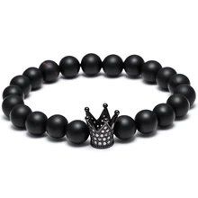 Venta caliente micro pave cz negro zirconia chapado en oro rey Crown Charm ATOLYEWOLF Hombres Brazalete de Esmalte Opaco Mate Bolas de Piedra pulsera