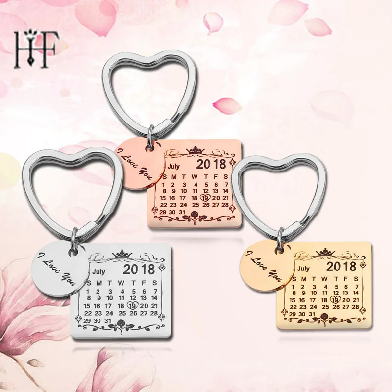 

Personalized Calendar Keychain Sleutelhanger Custom Keyring Engraved I Love You Rose Crown Brelok DIY Stainless Steel Keychain
