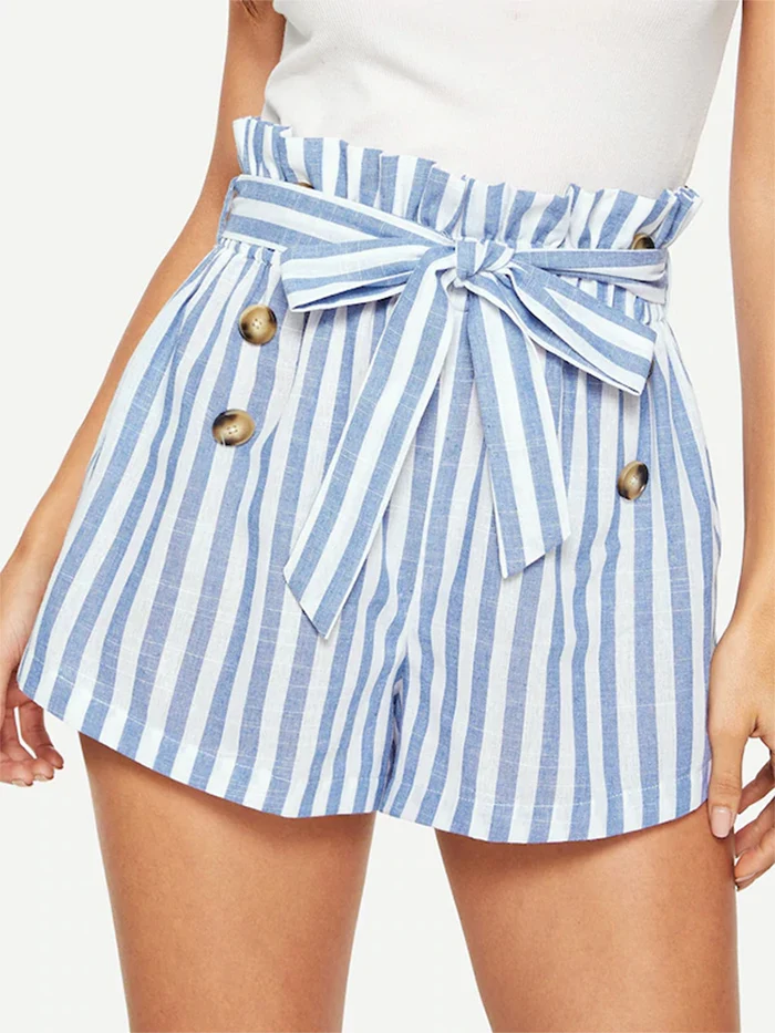 Blue High Waist Striped Sashes Shorts Women Summer Sexy Button Mini Shorts Harajuku Ladies Summer Shorts Female