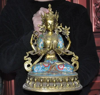 

Christmas Tibet temple bronze Cloisonne Enamel Gilt 4 Arms Chenrezig Goddess Buddha Statue Halloween