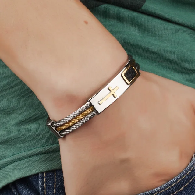 Lasperal Stainless Steel Male Bracelet 3rows Wire Chain Bracelets Lasperal Stainless Steel Male Bracelet 3rows Wire Chain Bracelets Bangles Punk Rock Style Cross