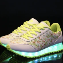 Большие размеры 25-61; женская обувь на платформе с цветочным рисунком; яркая повседневная светящаяся обувь на танкетке с usb-зарядкой; Светодиодный светильник; 5c55