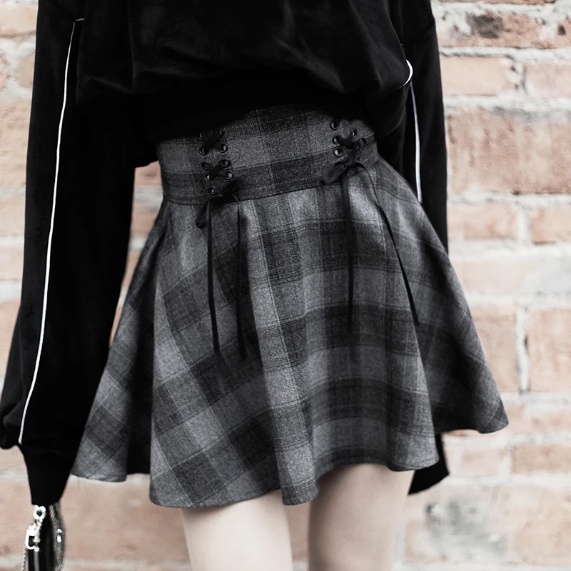 

2019 New Gothic Autumn Winter Gray Plaid Skirts Shorts Women'S Pleated Skirt Short Punk Girl'S Skirt Short A-Line Mini Skirt