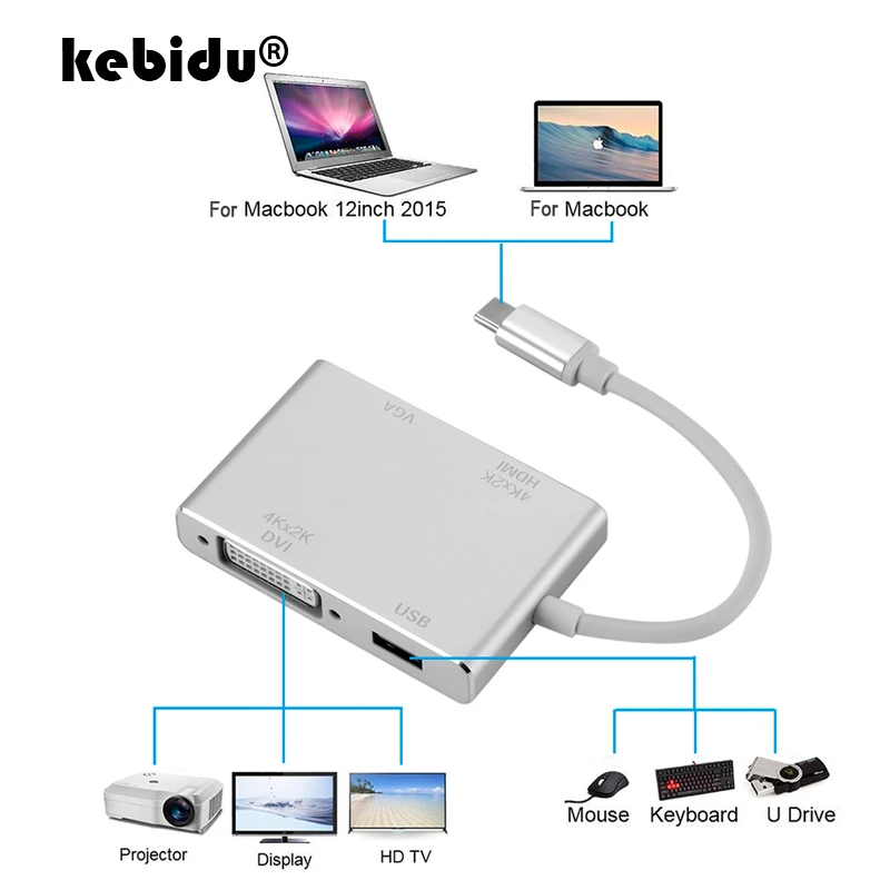 Kebidu 4 в 1 USB 3 C Type штекер к HDMI VGA DVI 0 адаптер кабель для Apple Macbook Chromebook Pixel Laptop|Кабели HDMI|