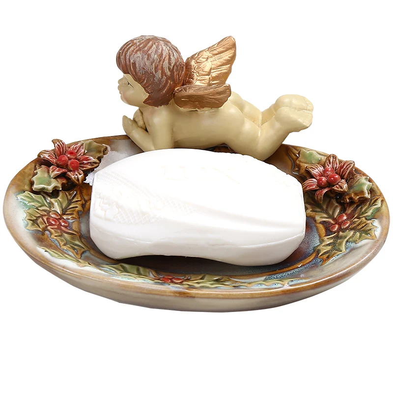 5 European Vintage Color Painted Angel Reindeer Snail Owl Birds Design Ceramic Soap Holder Keys Trinket Storage Plate Bowl