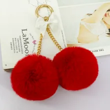 Real Rex Rabbit decor Pom pom 8 cm Double Fur ball Ribbon Bow Keychain Keyring Chains Fluffy Women Bag Pendant Puff chaveiro pom pom decor grab bag