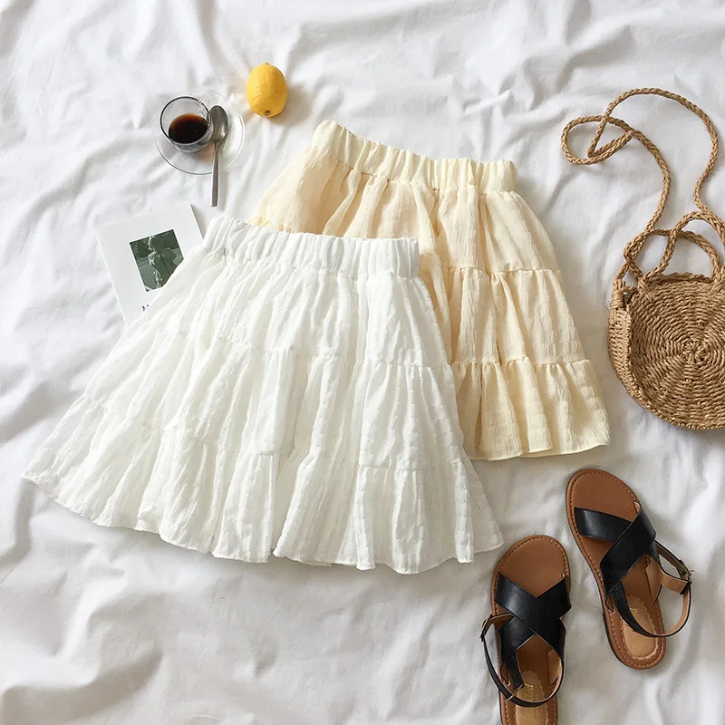 

Korean Women Summer Chiffon Ruffles Mini Skirts Lolita Elastic High Waist Cute Casual Girls School Pleated Short Cake Skirt