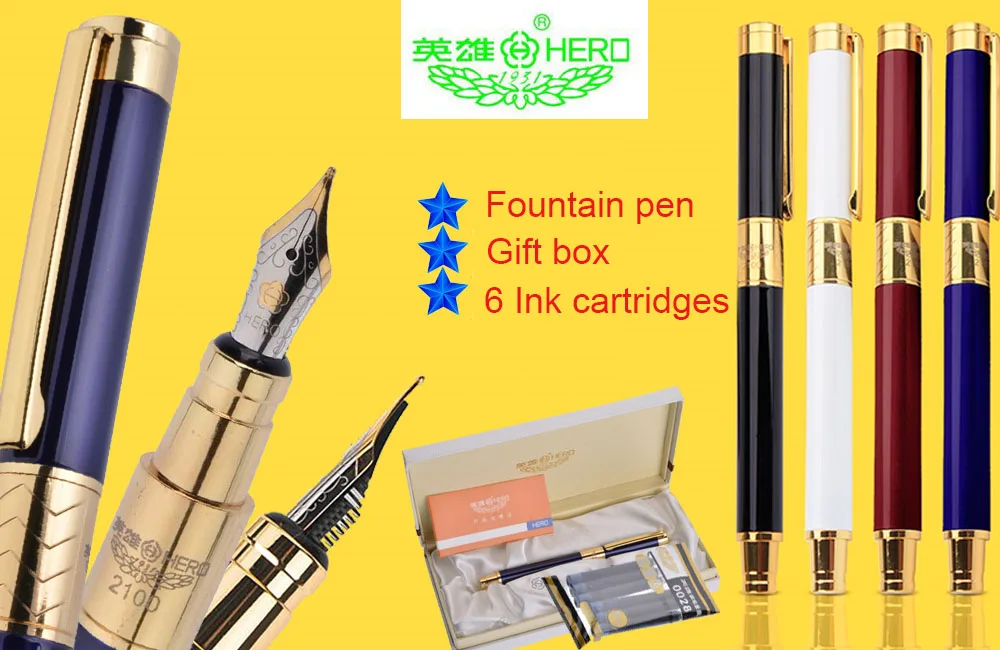 

Set of Fountain pen + 6 Ink cartridges + Gift box HERO 2100 Ink pens the best gift and collection Free Shipping