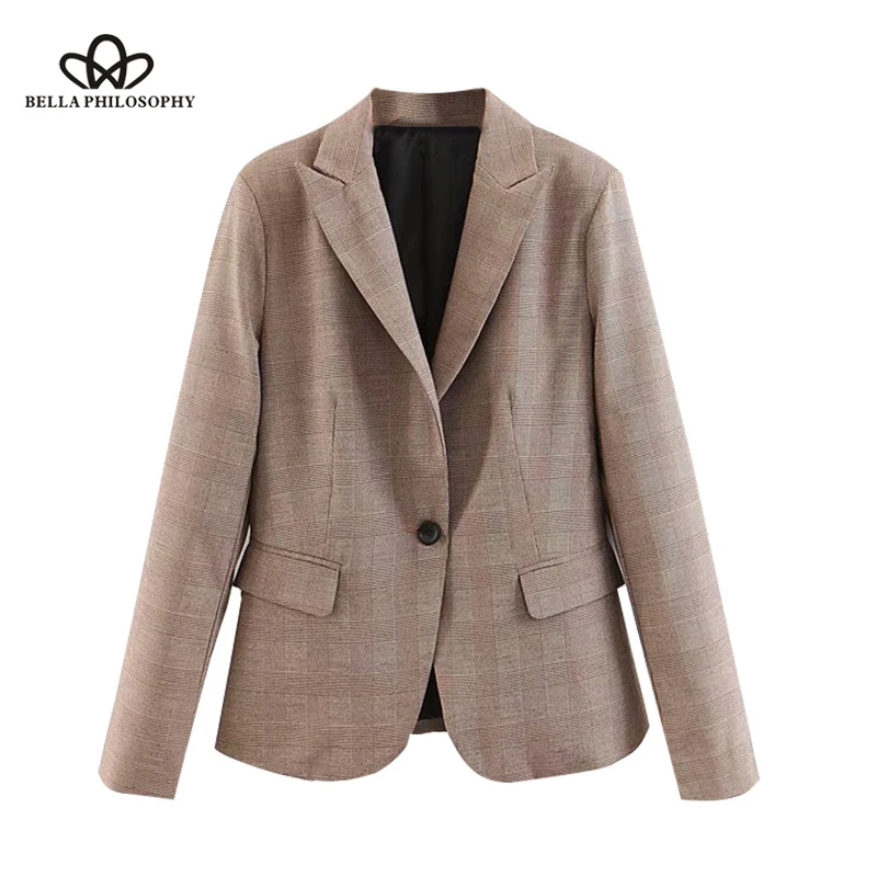 Plaid OL Blazers Coat Women 2019 Fashion Long Sleeve Notched Collar Buttons Office Ladies Outerwear Wonder Store