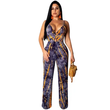 

Summer Women Spaghetti Strap Sexy Jumpsuits Hollow Out Sleeveless Stripe Bodycon Playsuit Backless Deep V Neck Wide Leg Romper