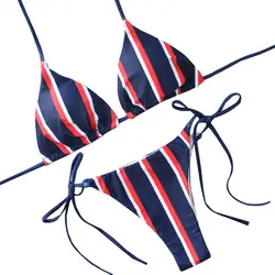 Сексуальный женский полосатый бандажный мягкий бюстгальтер пляжный комплект бикини с бретелькой через шею Купальник Модный пуш-ап мягкий