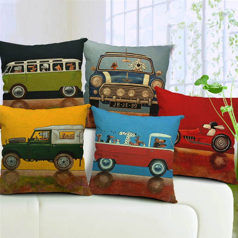 

2pcs,Cute Dog Driving Vehicle Print Square Pillowcase 45cm*45cm Home Hotel Cotton Linen Cover Waist Pillow Cases Free shipping