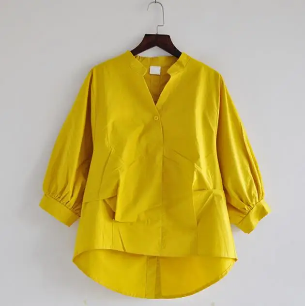 Летний Нерегулярные женские блузки и рубашки v-образным вырезом сплошной свободные офисные фонарь рукавами рубашки и пиджаки Пальто Топы - Цвет: yellow