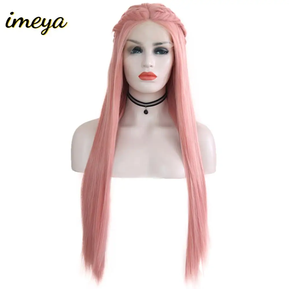 Imeya длинные прямые с ручной работы косы синтетический парик фронта шнурка 26 дюймов розовый цвет Жаростойкие Волокна парики для женщин