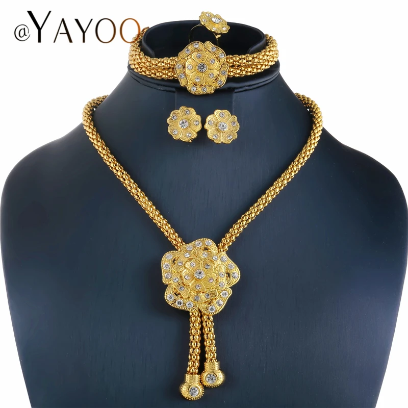 

AYAYOO Nigerian Beads Necklace Jewelry Set For Weddings Women Gold Color Jewelry Set Imitation Crystal Flower Fashion Jewellery