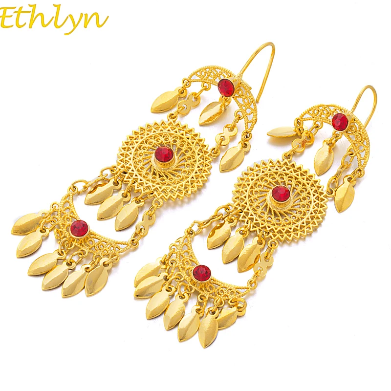 Ethlyn Новинка Эфиопский золотой цвет Висячие Серьги Африканский стиль для женщин Свадебные Винтажные Ювелирные изделия серьги с красным камнем E54
