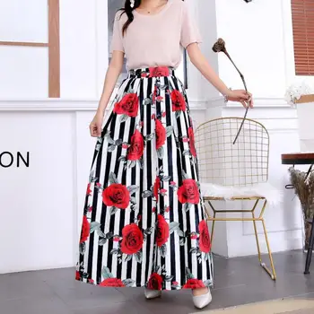 

Fashion Women Plus Size 3XL 2XL Spring Summer Skirt Elastic High Waist Long Skirt Vintage Floral Print Floor Skirts With Pocket