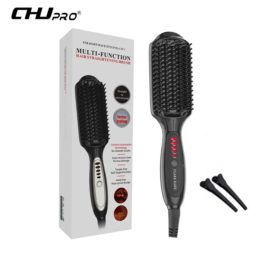 

CHJ Digital Hair Straightener Brush Comb Detangling Straightening Irons Hair Brush Black EU/ US/ UK/AU Plug