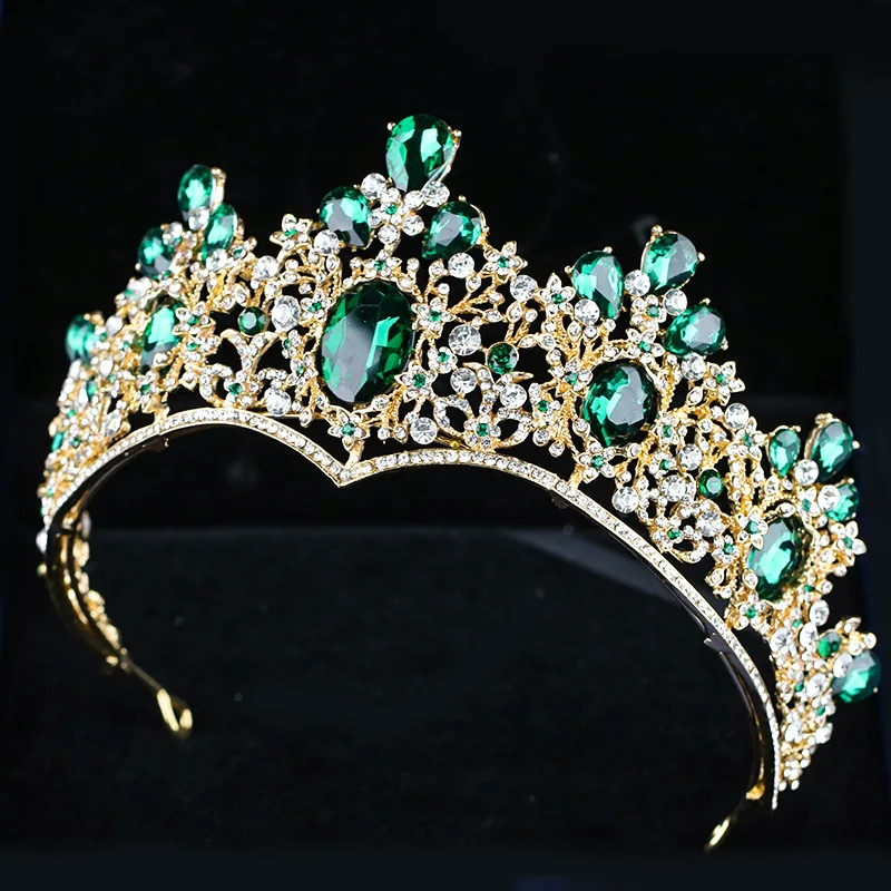Baroque Green Color Crystal Crown International Hot Headwear Shine Gold