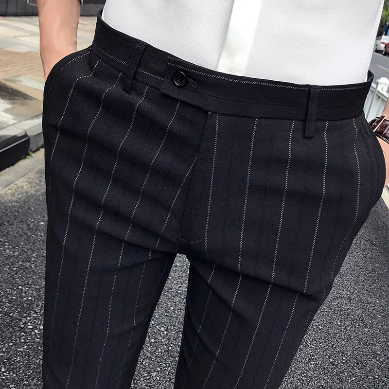  Men Stripe Formal Dress Pants Spring Autumn Suit Pants Cotton Mens Slim Casual Trousers for Busines