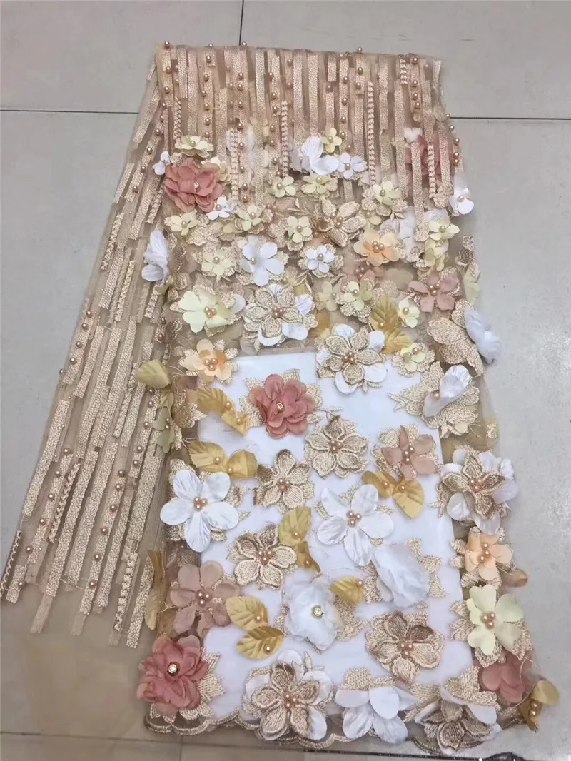 

2018 High Quality African Lace Fabric 3D Flowers With Beaded Tulle Lace Fabric New Design Nigerian Tulle Lace Fabric H-1810110