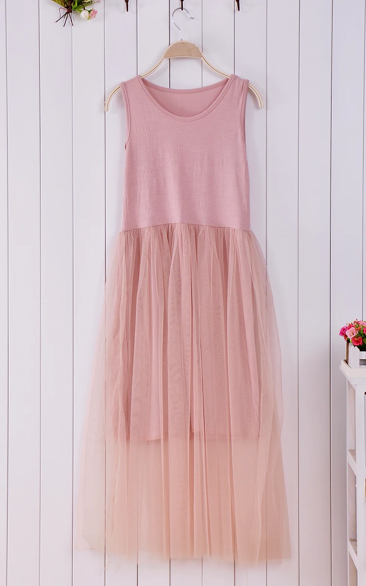 pink Gauze Lace O-neck Sleeveless Tank Dresses
