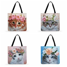 Cat in Flower Printed Tote Bag for women Foldable shopping bag Ladies Shoulder Bag Linen Fabric Bag Outdoor beach bag