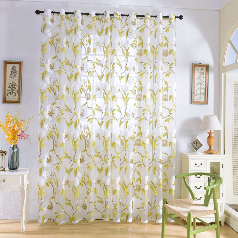 Senisaihon Light Yellow Leaves Printed Voile Curtains Modern Polyester Translucidus Decoration