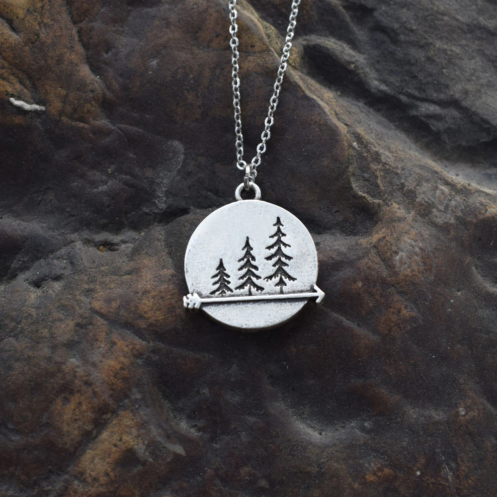 Three Pine Tree Necklace Nature Forest Pine Adventure Awaits Hiking Gift For Her Outdoors Womens Pendant Necklaces 15pcs/lots