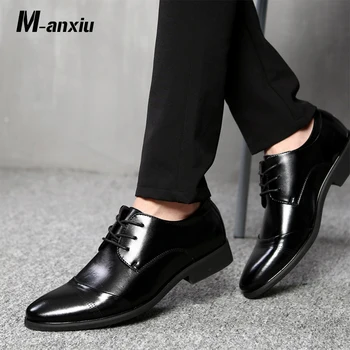 

M-anxiu 2020 New Fashion Pointed Toe Business Oxford Shoes Patchwork PU Lace Up Dress Shoes Men Casual Soft Sole Wedding Shoes