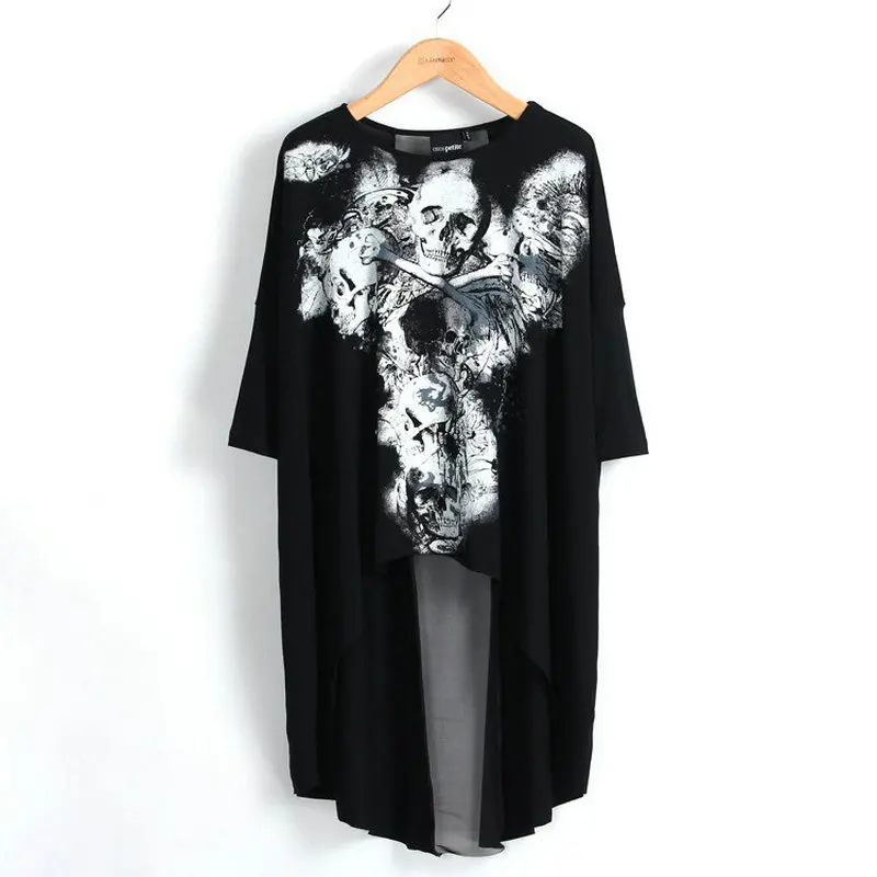 Estilo europeo mujeres Moda punk rock skull imprimir Larga