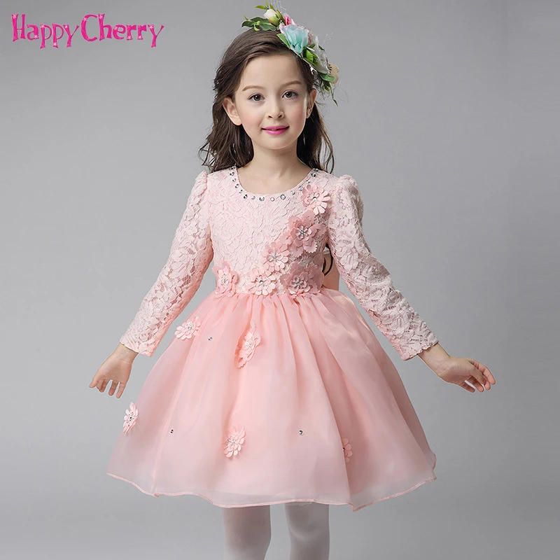 

Autumn Winter Girls Wedding Party Dress Children Lace Bow Flower Princess Tulle Dress Elegant Kids Girl Birthday Prom Clothes