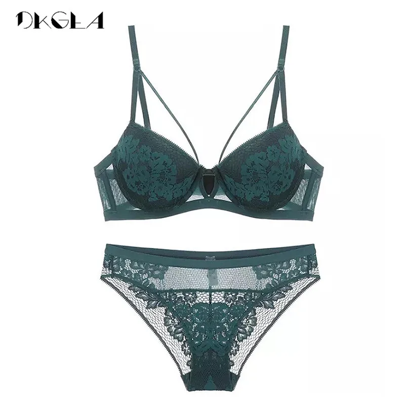 2019 New Bandage Green Lace Bra Set Women Lingerie Embroidery Thick Push Up Brassiere Cotton Underwear Set Sexy Bras Gather