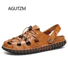 AGUTZM 6226 новые летние женские туфли-лодочки; сделанные вручную Для Мужчин's сандалии для девочек модные дышащие отверстия слипоны Стиль Разделение кожаные сандалии, обувь для Для мужчин