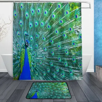 

Beautiful Peacock with Feather Waterproof Polyester Fabric Shower Curtain with Hooks Doormat Bath Floor Mat Bathroom Home Decor