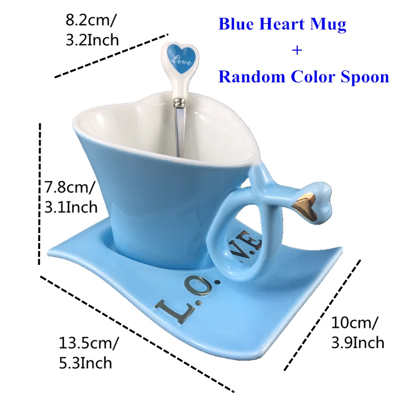Blue Random Spoon VILEAD, кофейная кружка в форме сердца для влюбленных, модная, керамическая, молочная кружка с тарелкой, для пар, чашка для утреннего чая, для офиса, чашка для воды, подарок для девочек - Цвет: Blue Random Spoon