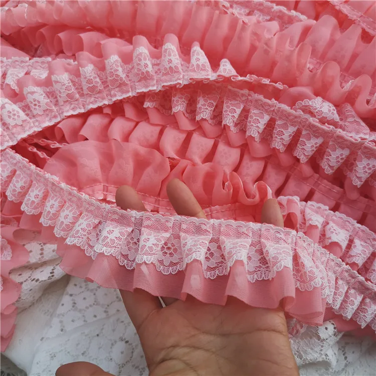 Розовая гофрированная кружевная лента 2 метра плиссированная Сетка кружевная отделка для шитья лоскутный кружевной материал