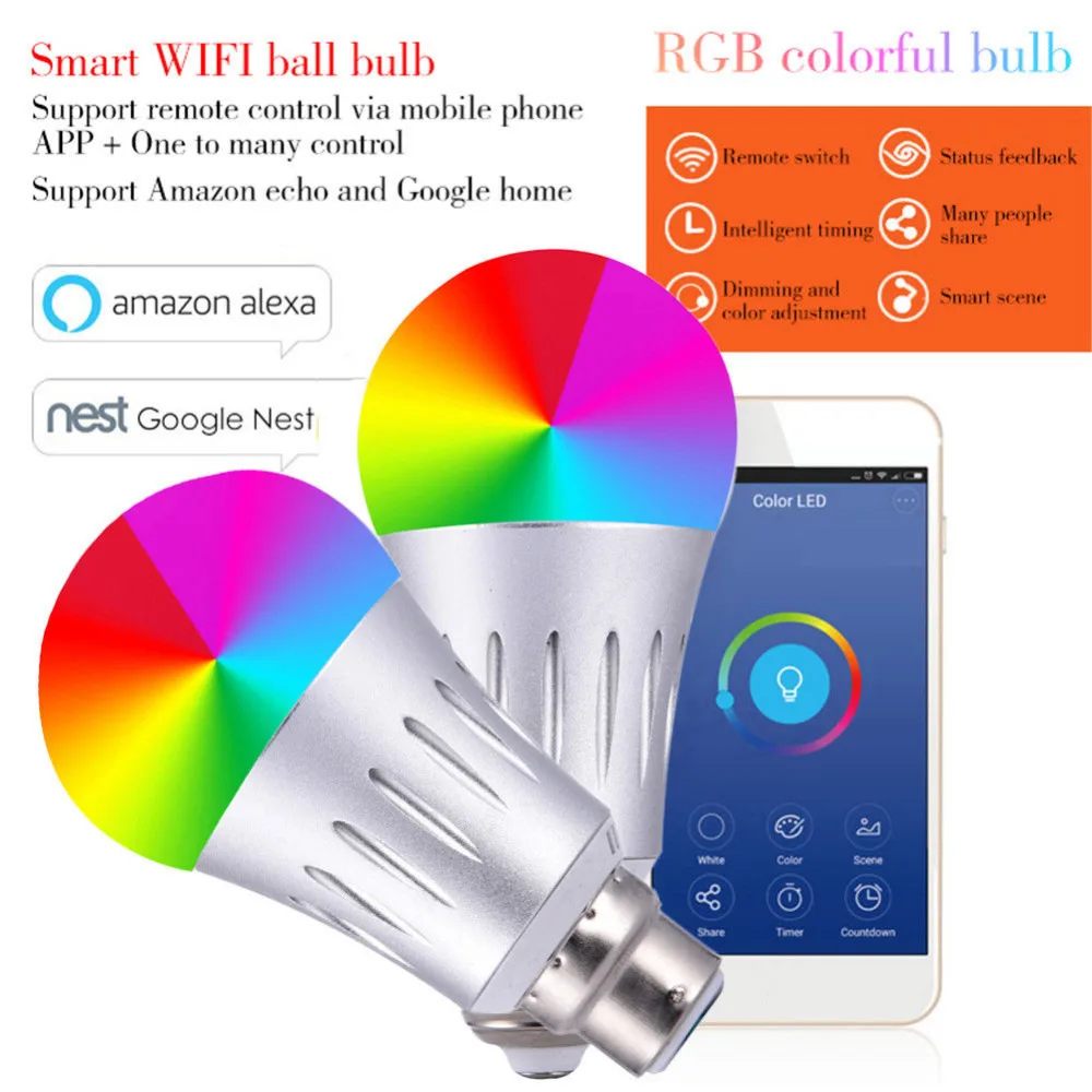

New B22 Smart WIFI Bulb RGB Dimmable LED Bulb Light Bulb, Magic 7W Smart Lighting Lamp Wake-Up Lights,for Home Hotel