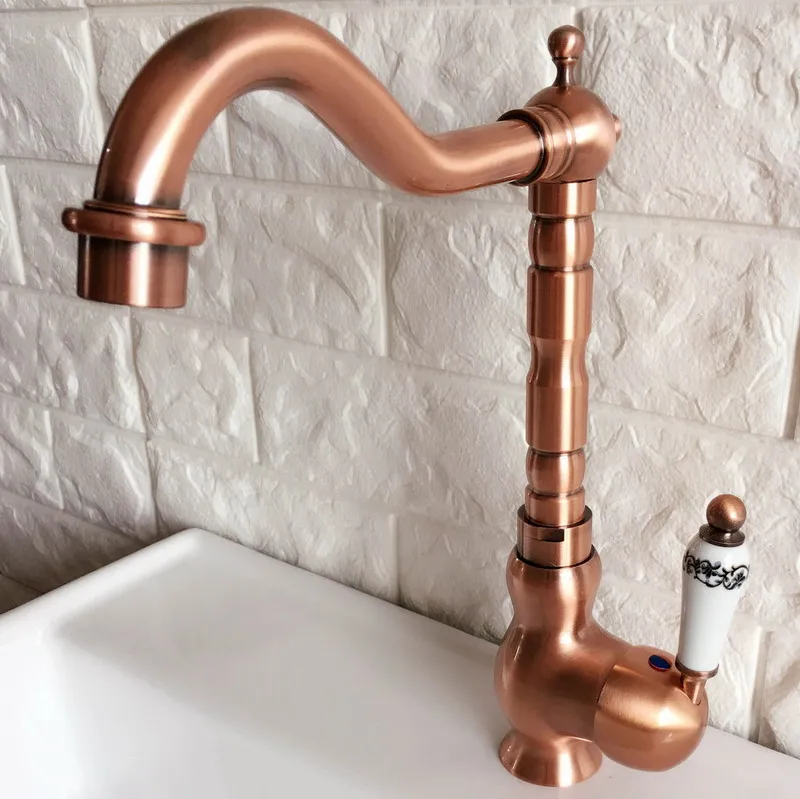 Antique Red Copper Brass Bathroom Kitchen Basin Sink Faucet Mixer Tap Swivel Spout Single Handle One Hole Deck Mounted mnf406