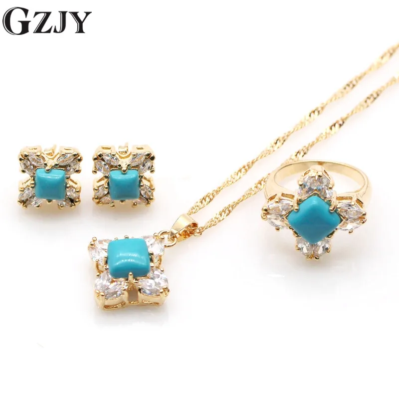 

Vintage Delicate Jewelry Set Champagne Gold Color Natural Blue Stone CZ Pendant Necklace Earring Ring Set I13-1