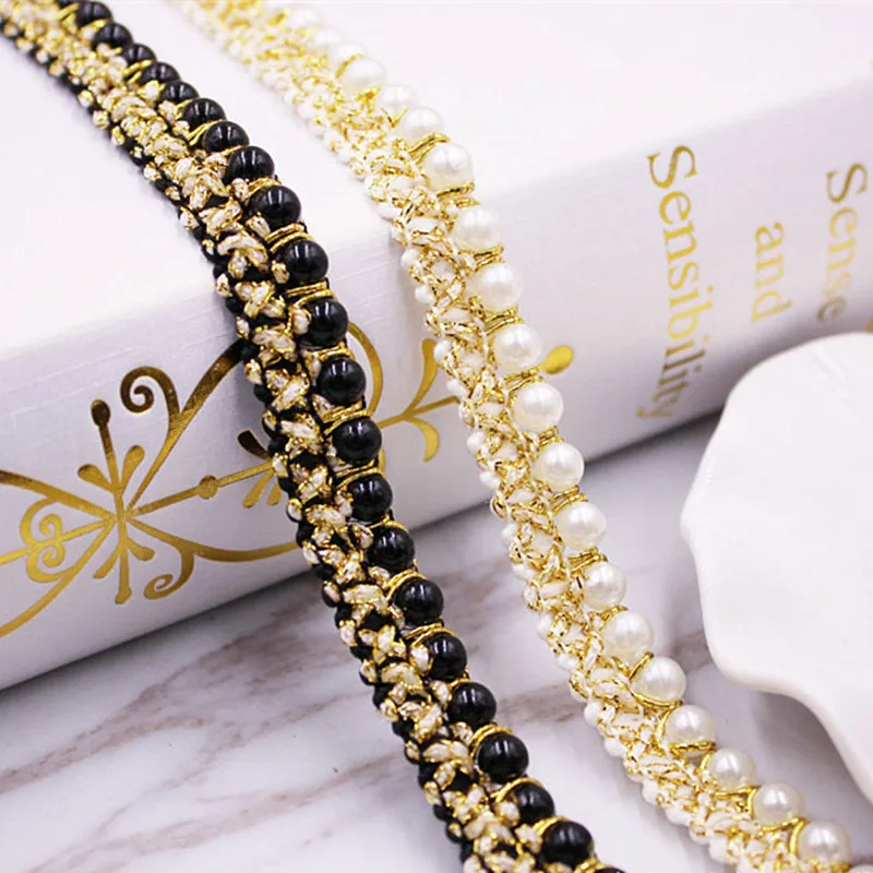 

2Yards Black White Pearl Beaded Lace Ribbon Embellishment Gold Embroidery Fabric Lace Trim Handmade DIY Sewing Craft Supplies