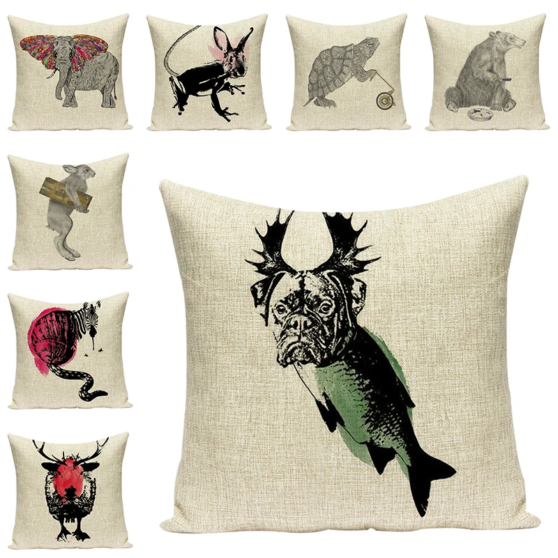 

Personality Animal Printed Pillow Cover for Chair Sofa Cotton Linen Pillow Cases Handmade Textile Pillow Cushion Home Decor