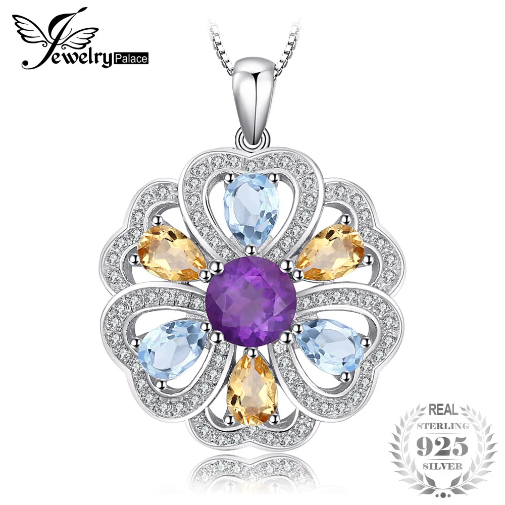 

JewelryPalace Flower Heart 4.1ct Amethysts Citrines Skys Blue White Topazs Pendant Necklace 925 Sterling Silver Not A Chain